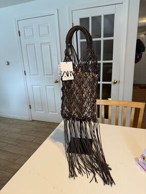 ZARA Dark Brown Macramé Fringe Shoulder Bag